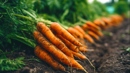Fresh carrots in a garden, ready for harvest on a sunny day.