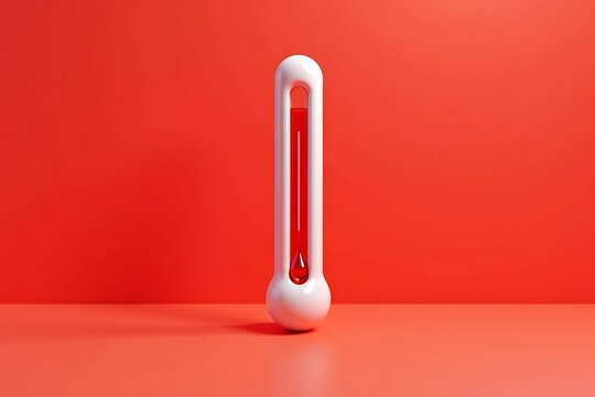 White thermometer with red liquid indicating temperature on red background