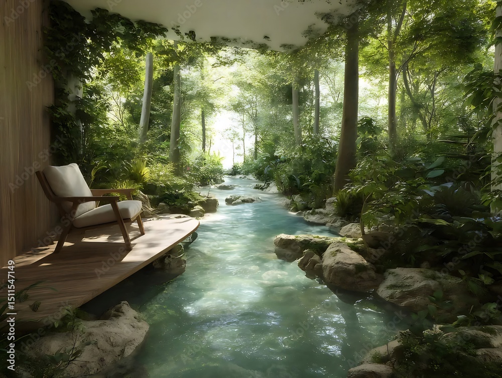 Aufkleber 水辺の緑豊かな風景 川沿いの木々と光が織りなす自然美 穏やかな夏の光景 癒やしの空間