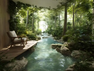 水辺の緑豊かな風景 川沿いの木々と光が織りなす自然美 穏やかな夏の光景 癒やしの空間