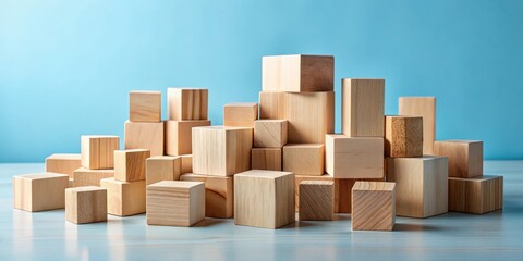 Obraz premium An Abstract Composition of Unfinished Light Wooden Cubes Arranged on a Light Table Against a Light Blue Background