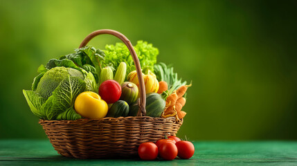 Fresh vegetables in a basket against a vibrant green background.
