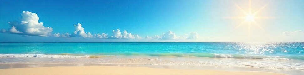 Obraz premium Golden sand stretches towards a vibrant blue ocean under a bright summer sun Perfect for relaxation and sun-soaked getaways Ideal for travel and tourism websites , relaxation, serene, summer