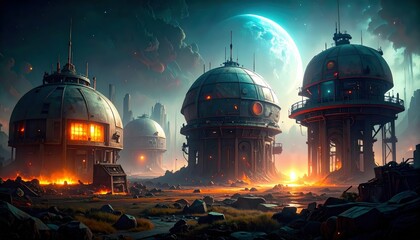 Obraz premium Cosmic Mystery of a Ruined Research Facility in Dark Matter Landscape
