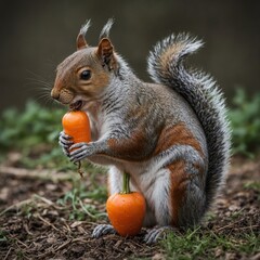 A squirrel holding a carrot in its paws, isolated on white.