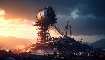 Devastation of Earthquake Prediction Device Amidst Ruined Landscape