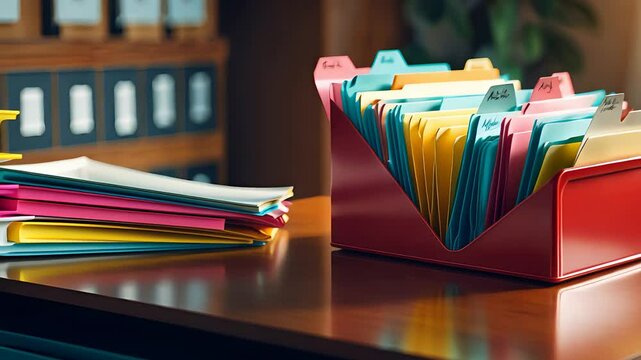Colorful document folders organized in a red box on a wooden desk with additional files stacked beside it in a bright office setting

