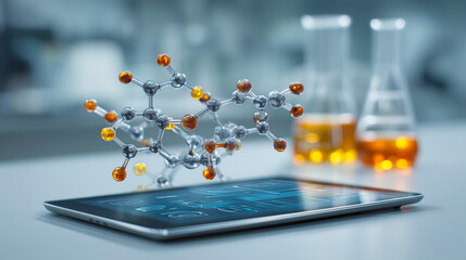 Futuristic molecular model with digital tablet in laboratory setting.