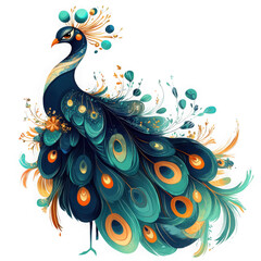 Fototapeta premium Elegant ornate peacock illustration on transparent background
