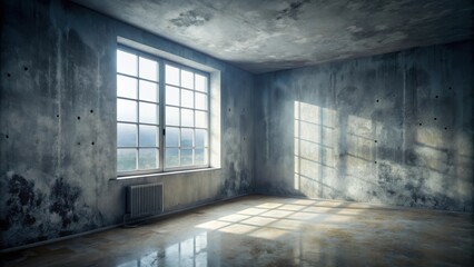 A sunlit, empty room with distressed concrete walls and a large window, offering a stark yet serene atmosphere for various design applications
