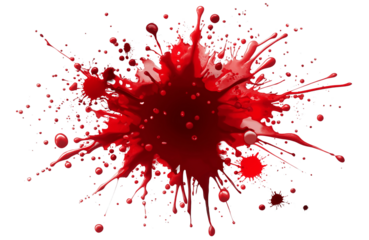 Large puddle of blood with splashes and droplets isolated on transparent background, ideal for Halloween or crime scene concepts