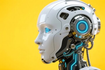 サイバーパンクスタイルの未来的な女性型ロボットの肖像画 黄色背景に輝く青い光と白いボディ