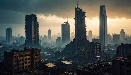 Obraz premium Ruined Urban Landscape in Lagos, Nigeria Showcasing Economic Decline