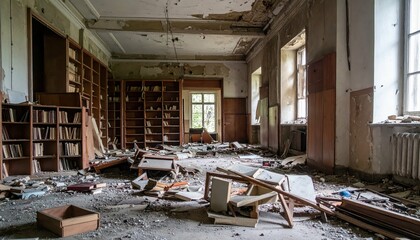 Ruined Library Filled with Scattered Books and Silence of Loss