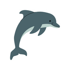 Fototapeta premium Simple flat illustration of a dolphin, depicted mid leap with a curved body and a friendly expression. Clean design with soft colors, ideal for educational and ocean themed materials. Vector