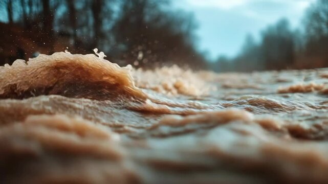 Turbid water flowing fast close up river flood