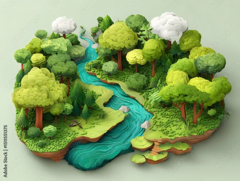 Aufkleber 鮮やかな緑豊かな森の川の風景 3dピクセルアートデザイン 雲と木々 自然環境