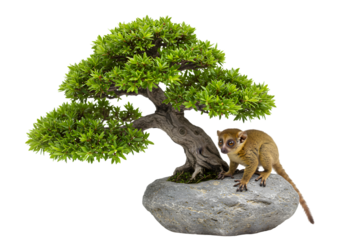 Bonsai Tree with Small Animal Figurine on white background