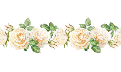 Roses seamless border. Vintage pastel flowers. Hand drawn watercolor illustration isolated on white. For birthday cards, valentines day, mothers day, wedding invitations, posters, wallpapers.