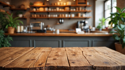 Beautiful natural wooden table with coffee shop background