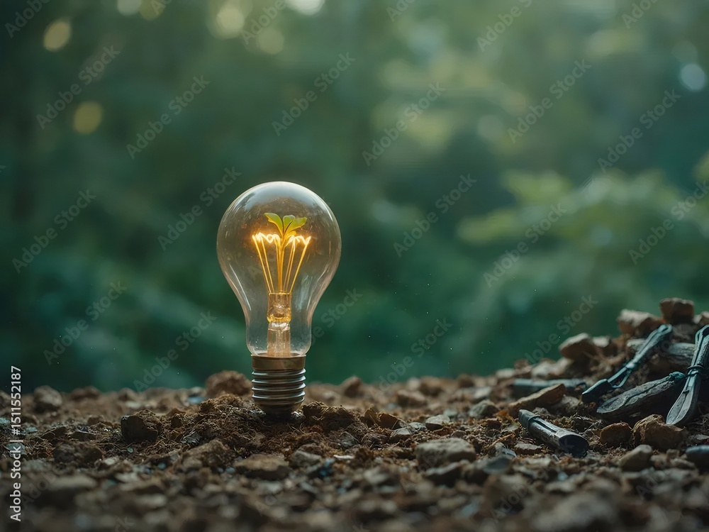 Poster 明るい電球に芽が宿る自然の背景に土台のあるクローズアップ写真