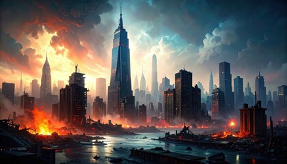 Fototapeta premium Ruined Urban Landscape of New York City After a Tragic Event