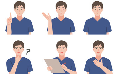 スクラブ姿の男性　よくあるポーズのセット　ベタ塗り