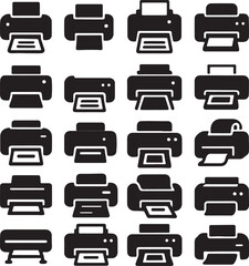 Printer themed silhouettes in solid black style representing various printers scanners and printing tools for design and commercial use.