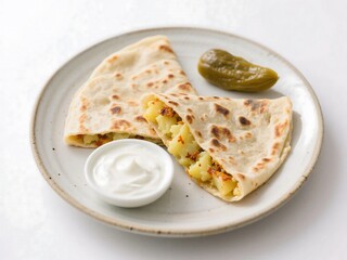 Aloo paratha with yogurt and pickle on white background
