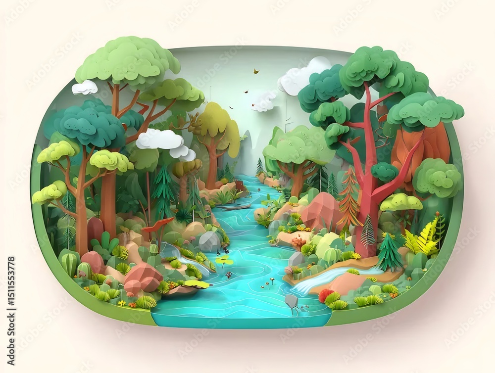 Poster 鮮やかな色彩の3d森林風景 川と木々が織りなす自然の美しさのイラスト