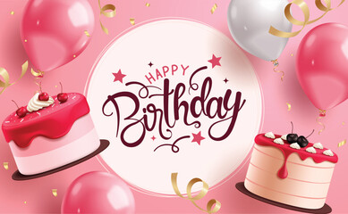 Happy birthday invitation card clipart template. Birthday pink greeting clip art with balloons and strawberry cake party elements for party celebration background vector illustration. 
