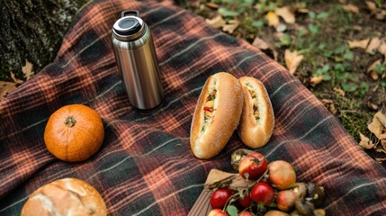 forest picnic with flannel blanket, thermos, and bagel sandwiches,