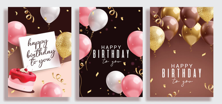 Happy birthday invitation card clipart poster set. Birthday greeting wishes elegant cards clip art collection with balloons and cake decoration elements vector illustration. 
