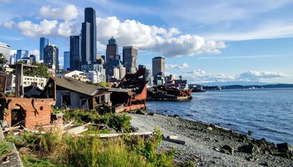 Fototapeta premium Ruined Cityscape of Seattle with Beautiful Pacific Northwest Views