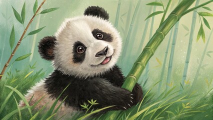 Obraz premium Playful Panda Cub in Bamboo Forest Digital Painting, Cute Animal Illustration, Bamboo, Panda, Wildlife Panda, Cub