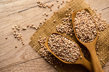 top view flat lay pile of coarse grind red sorghum grain in spoon on wooden rustic table background for healthy food, organic farm, nutrition, and vegan lifestyle concept with copy space