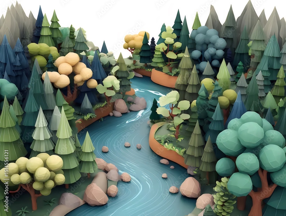 Aufkleber 鮮やかな緑と青の3dピクセルアートの森と川の風景 活気のある自然の美しさ