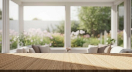 Clean wooden tabletop overlooking a sunlit, blurred garden through a large window, creating a serene ambiance