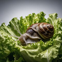 A snail slowly crawling over a head of iceberg lettuce on white.