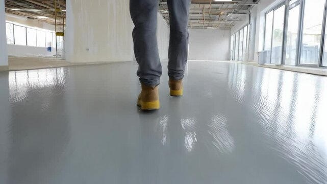 Person in yellow boots walking on newly poured epoxy floor in a bright, modern, industrial space with large windows and exposed ceiling