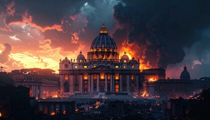 Ruined Vatican City in Tragic Spiritual Crisis Amidst Flames