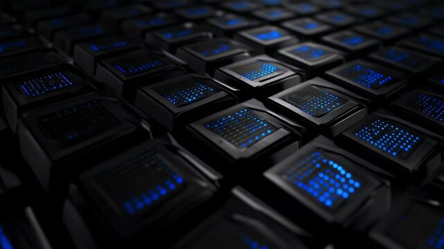Futuristic, dark, technological grid of glowing, detailed, square modules