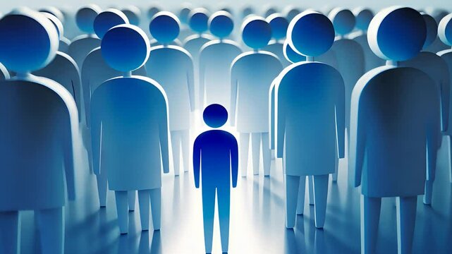 Blue stylized human figures standing in a crowd with one highlighted figure in front, all set against a white and light blue background


