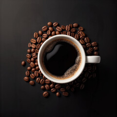 Fototapeta premium cup of coffee on the dark table, and coffee beans in a sack on dark background, top view