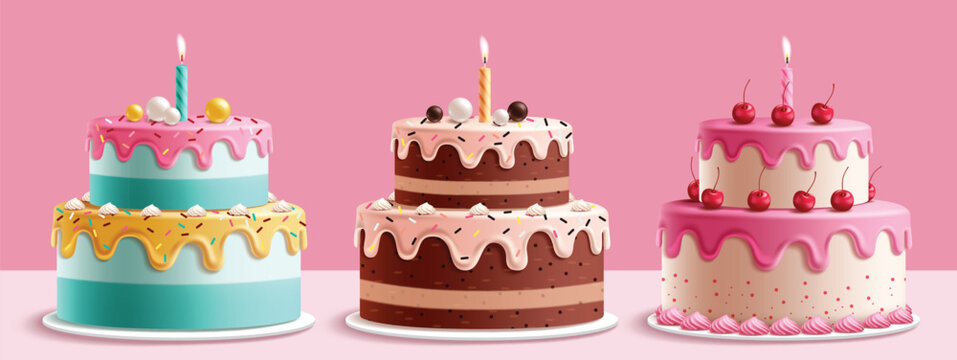 Cake 3d elements clipart set. Two layers cake sweet dessert clip art in chocolate, cherry and strawberry flavors for birthday celebration collection elements vector illustration. 
