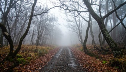 Naklejka premium Twisted Forest Path in Fog with Unsettling Atmosphere and Mystery