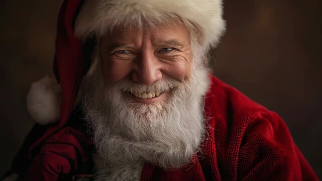 A close-up shot features a smiling individual with a long white beard and a red suit, reminiscent of a traditional holiday figure. The warm lighting highlights the subject's cheerful expression and