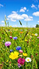 Serene Meadow with Colorful Wildflowers Under Bright Blue Sky