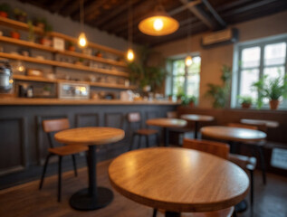Fototapeta premium Defocused Background of Cozy Urban Cafe Interior with Wooden Tables and Coffee Bar, Perfect for Relaxing or Working. Blurred Background Photo.