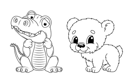Cute Bear and Crocodile Line Art for Kids – Animal Coloring Book Page Gift New